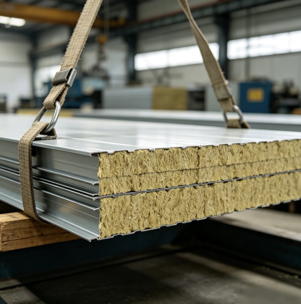 Fireproof-rock-wool-sandwich-panel-close-up-with-lifting-strap