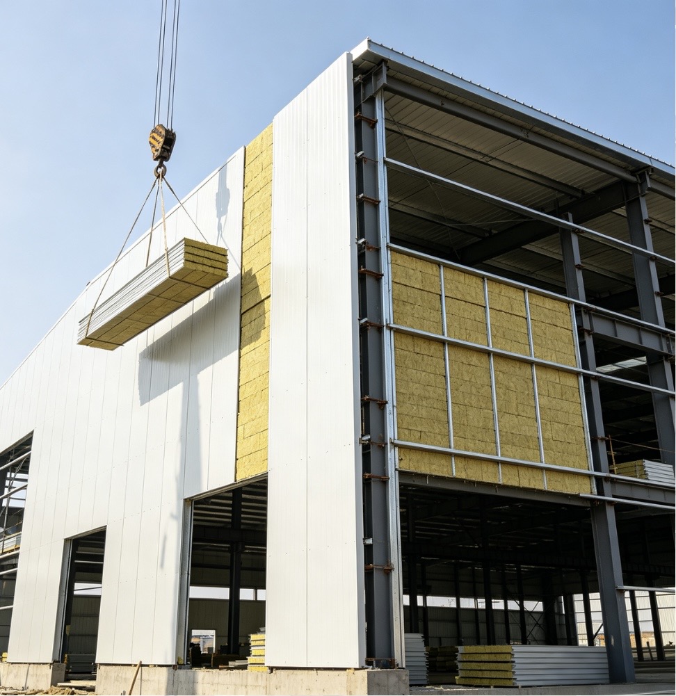 Fireproof-rock-wool-sandwich-panel-installation-on-industrial-building-wall