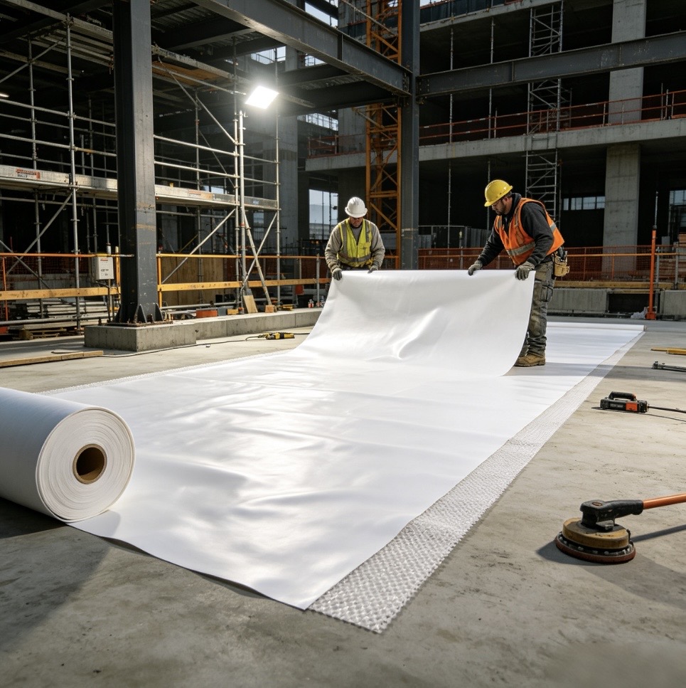 fleece-backed-tpo-membrane-construction-installation-workers-laying-waterproof-membrane