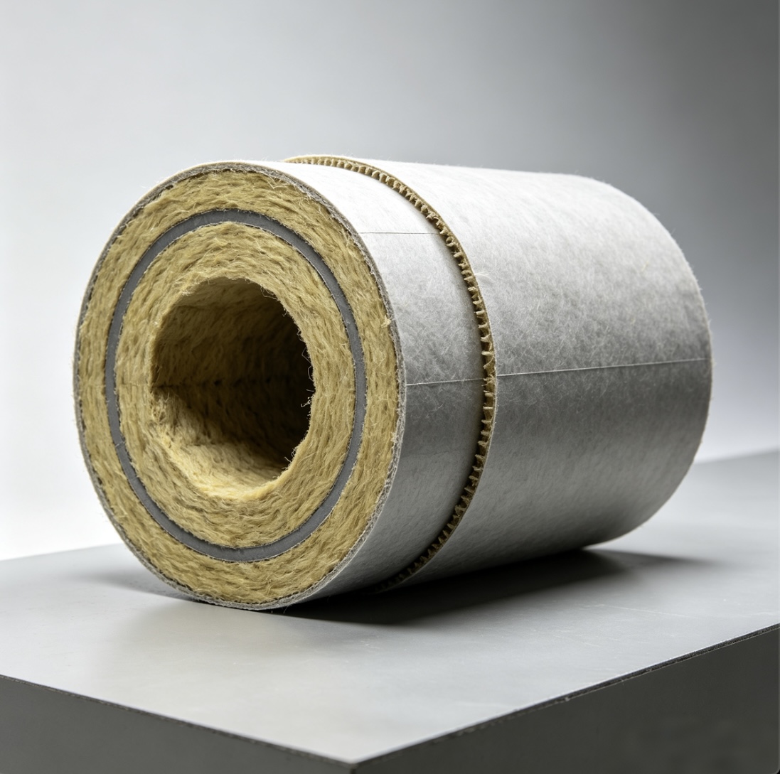 short-rock-wool-pipe-insulation-cutaway-sample-grey-platform-studio-shot