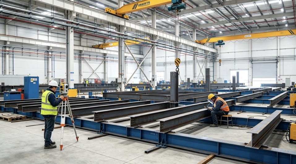 factory-workers-fabricating-steel-beams-in-steel-structure-workshop-with-overhead-crane
