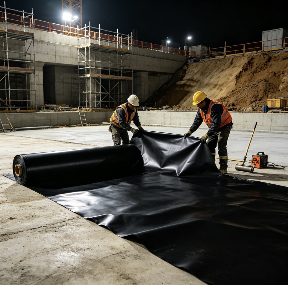 hdpe-waterproof-geomembrane-construction-installation-workers-laying-black-geomembrane
