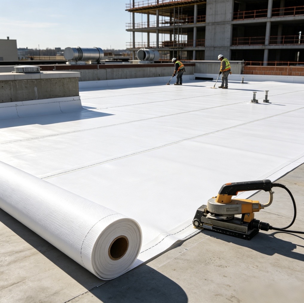 reinforced-pvc-waterproofing-membrane-commercial-flat-roof-installation-workers-and-welding-machine