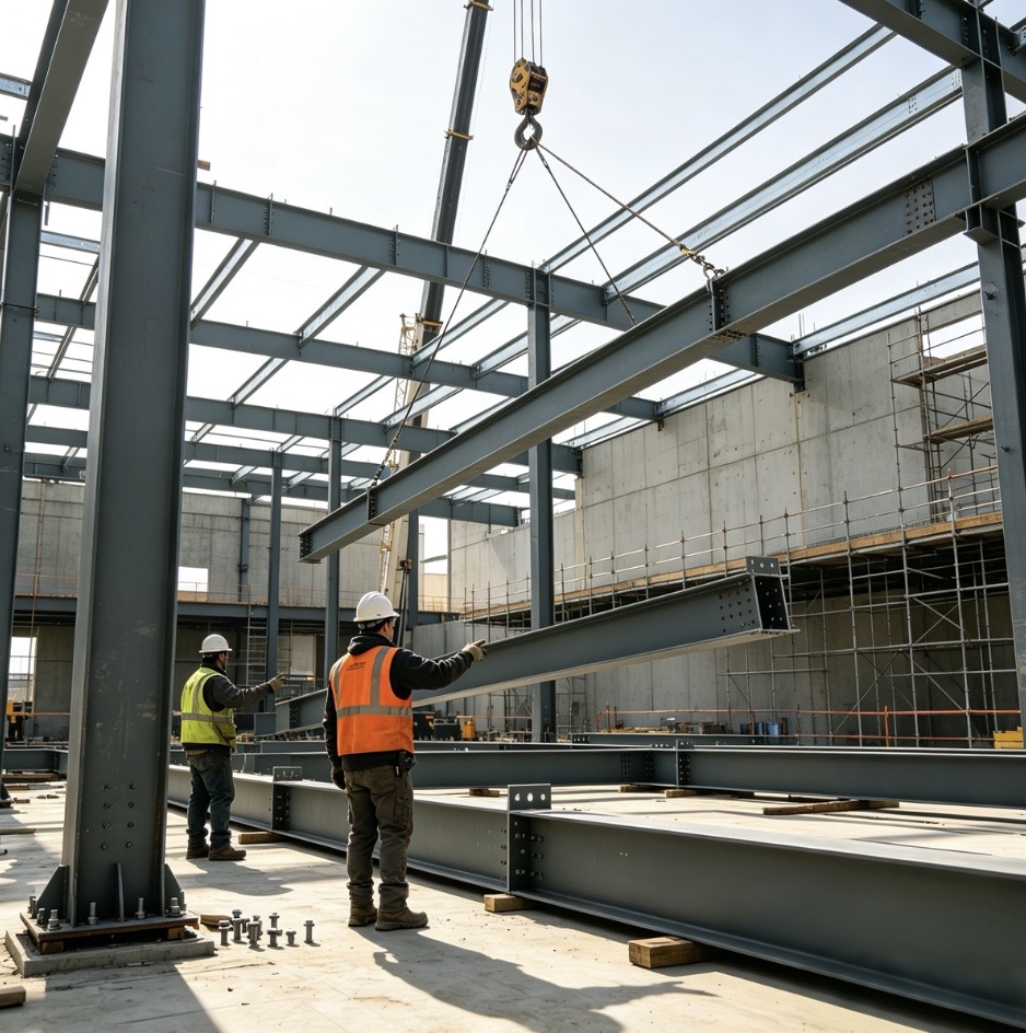 Two-construction-workers-installing-h-beam-on-steel-structure-building-site