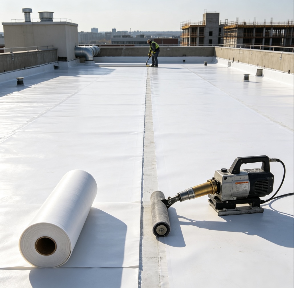 white-tpo-waterproof-membrane-roof-construction-site-hot-air-welding-installation