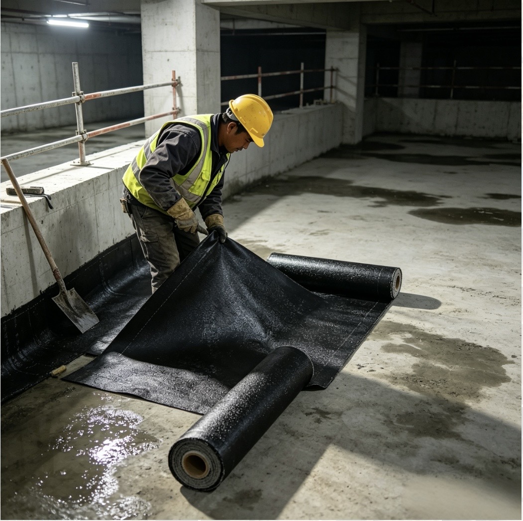 sbs-waterproofing-membrane-basement-construction-worker-laying-bitumen-membrane