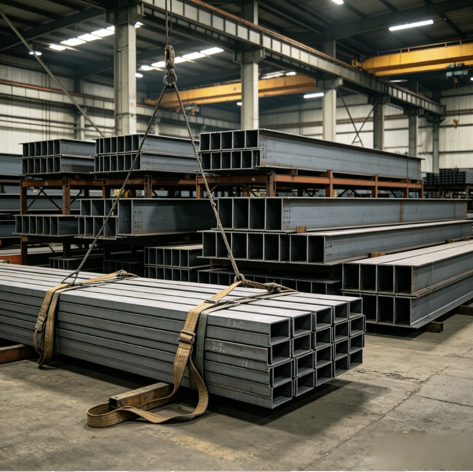 Prefabricated-H-beam-steel-members-neatly-stacked-in-factory-warehouse