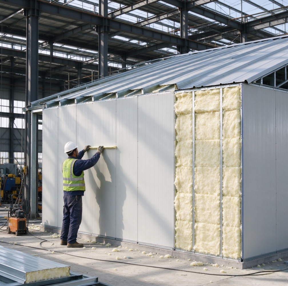 glass-wool-sandwich-panel-installation-for-steel-structure-building-wall-insulation-construction-site