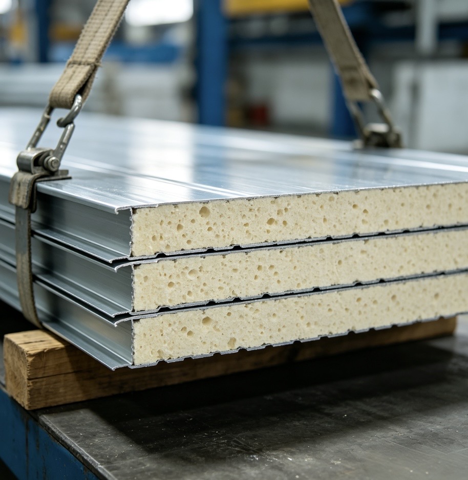 Lifting-PIR-sandwich-panel-close-up-of-pir-foam-core-and-steel-sheet