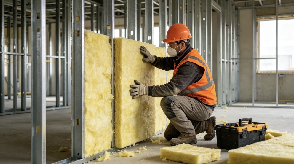 worker-installing-glass-wool-insulation-in-metal-stud-wall-at-construction-site