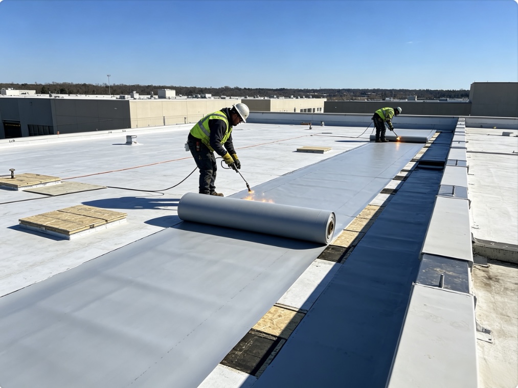 reinforced-tpo-waterproofing-membrane-commercial-roof-installation-workers-welding-tpo-sheet-on-flat-roof