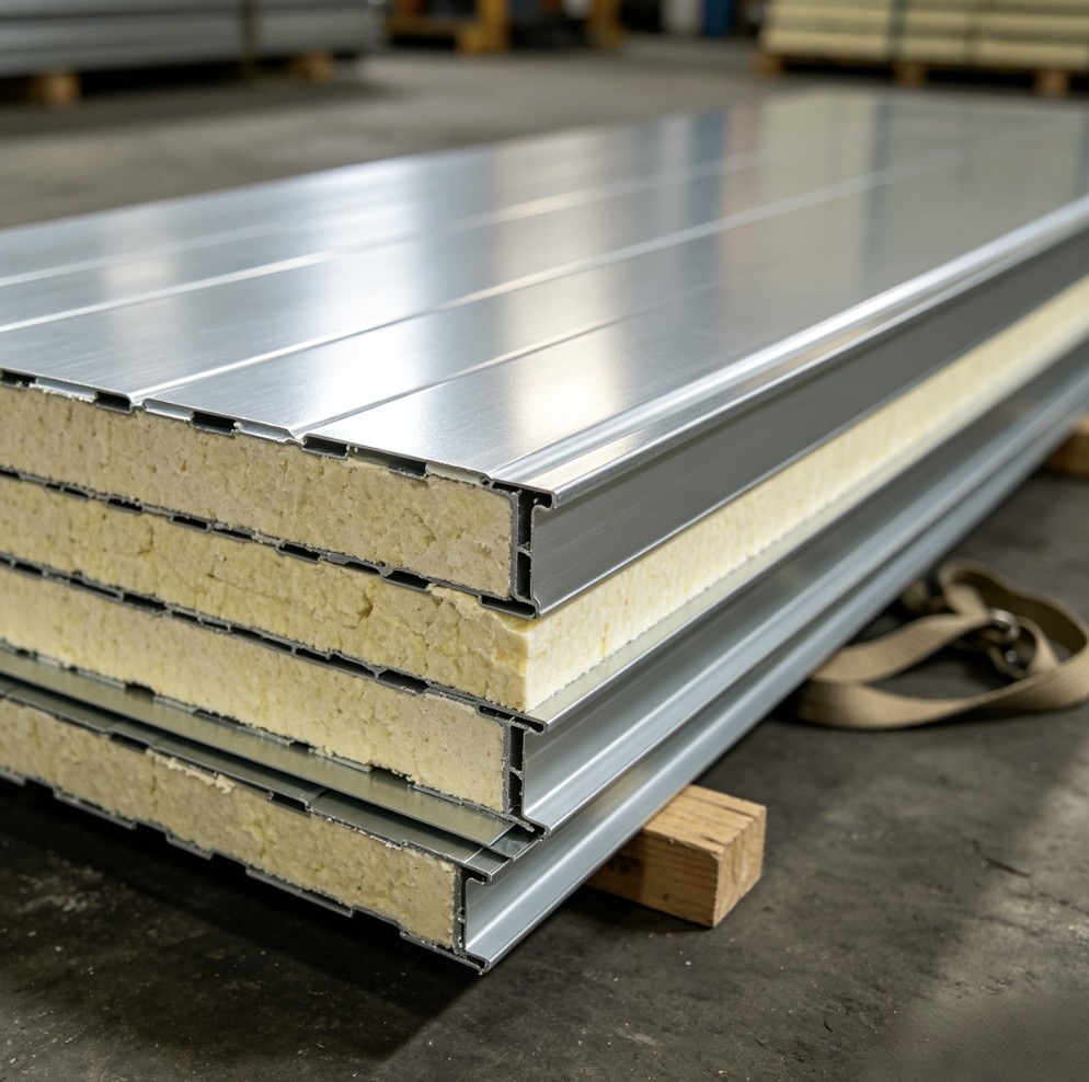 PIR-sandwich-panel-cross-section-closeup-metal-skin-pir-core