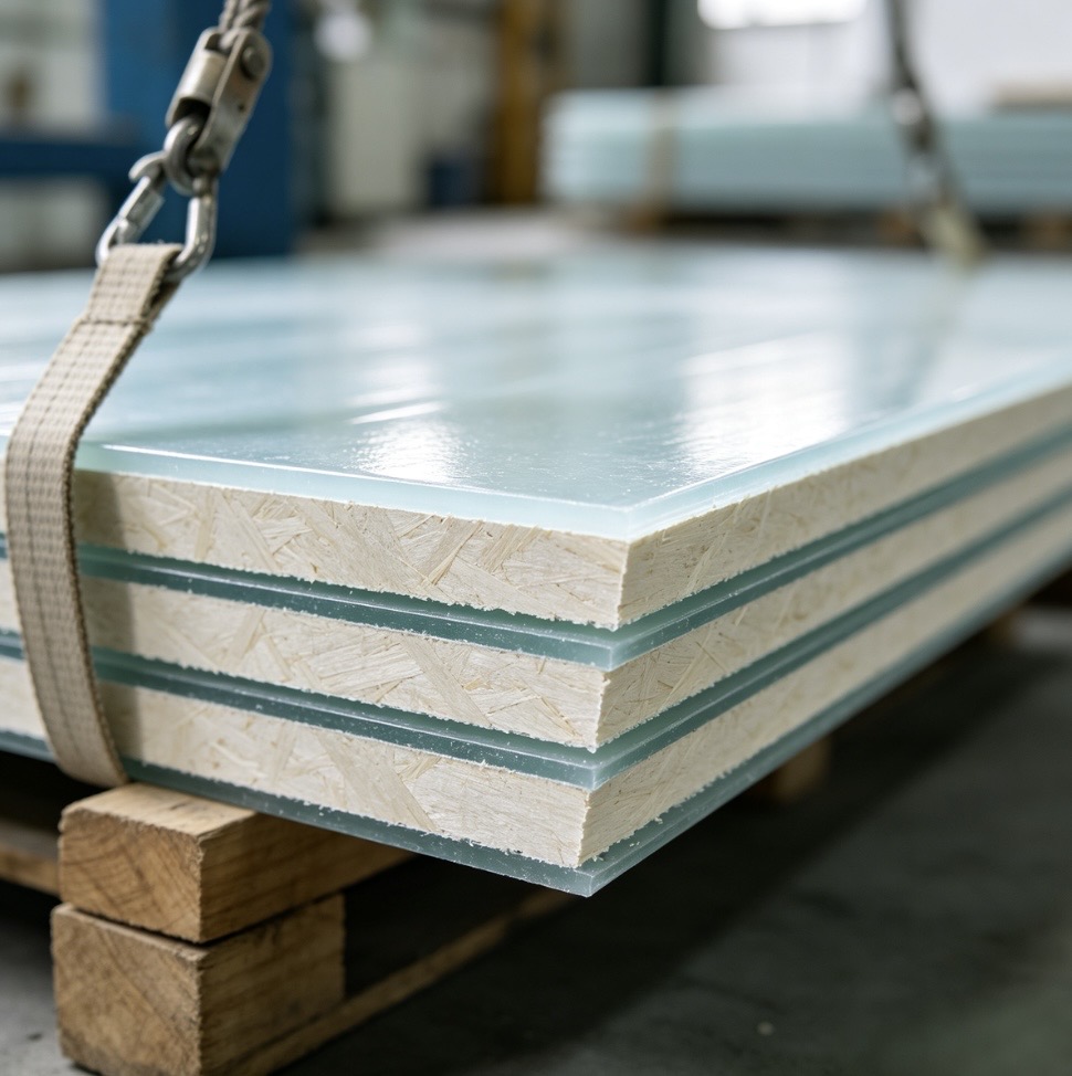 Close-up-of-fiberglass-sandwich-panel-cross-section-with-lifting-strap