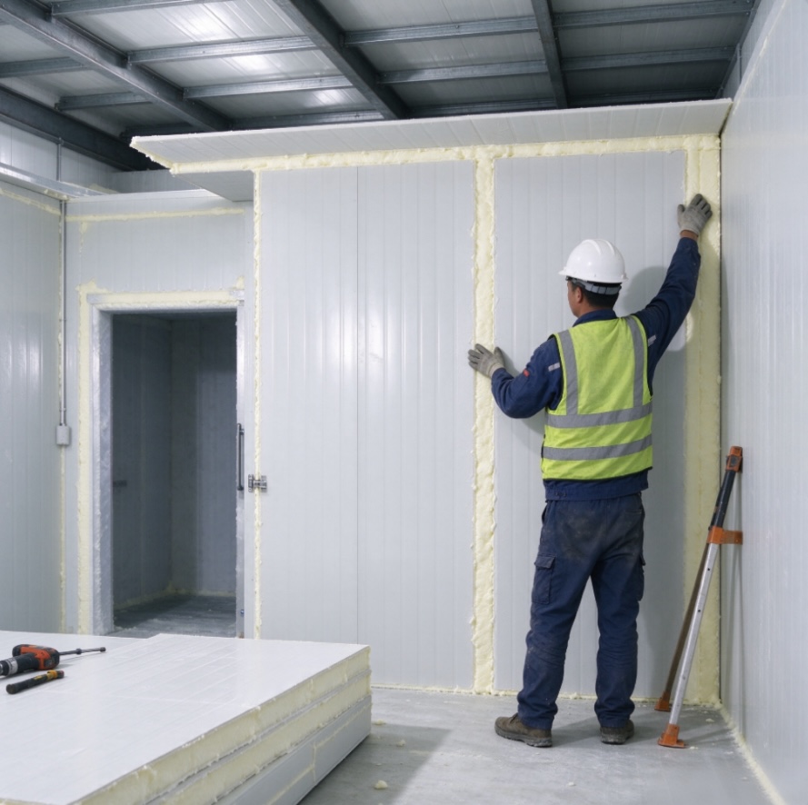 pu-polyurethane-cold-room-panel-assembly-installation-for-refrigerated-storage-facility-construction-site