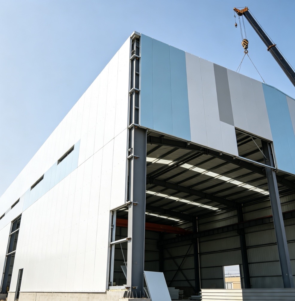 Fiberglass-sandwich-panel-installation-for-industrial-factory-building-wall