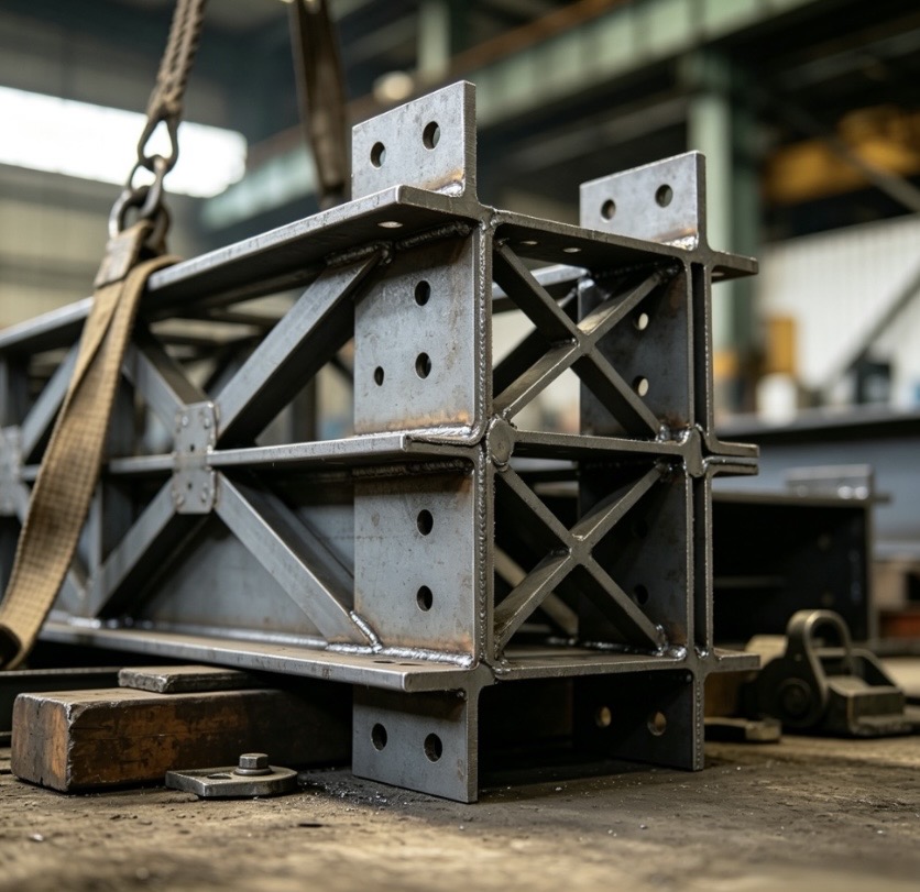 Close-up-of-welded-steel-truss-joint-components-in-factory-workshop
